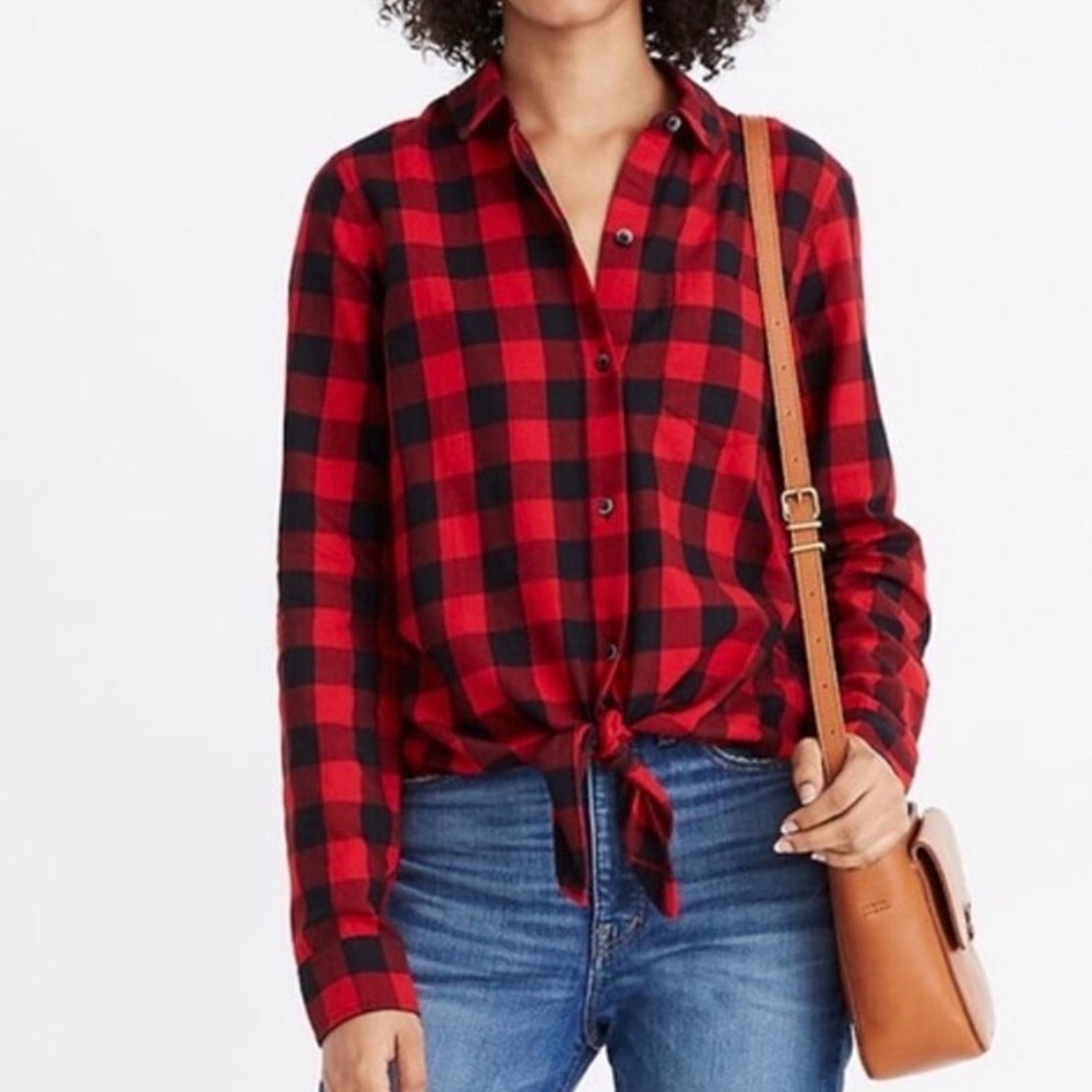 Madewell Red Black Buffalo Plaid Tie Front Flannel Shirt Size M Cotton
